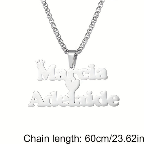 1pc Mens Custom Two Name Necklace - Unique Removable Square Pearl Accent Chunky Chain Pendant with Fashionable Stainless Steel Crown Alphabet, Lovely Heart-Shaped Couple Necklace - Perfect Holiday Jewelry Memorial Gift for Lo